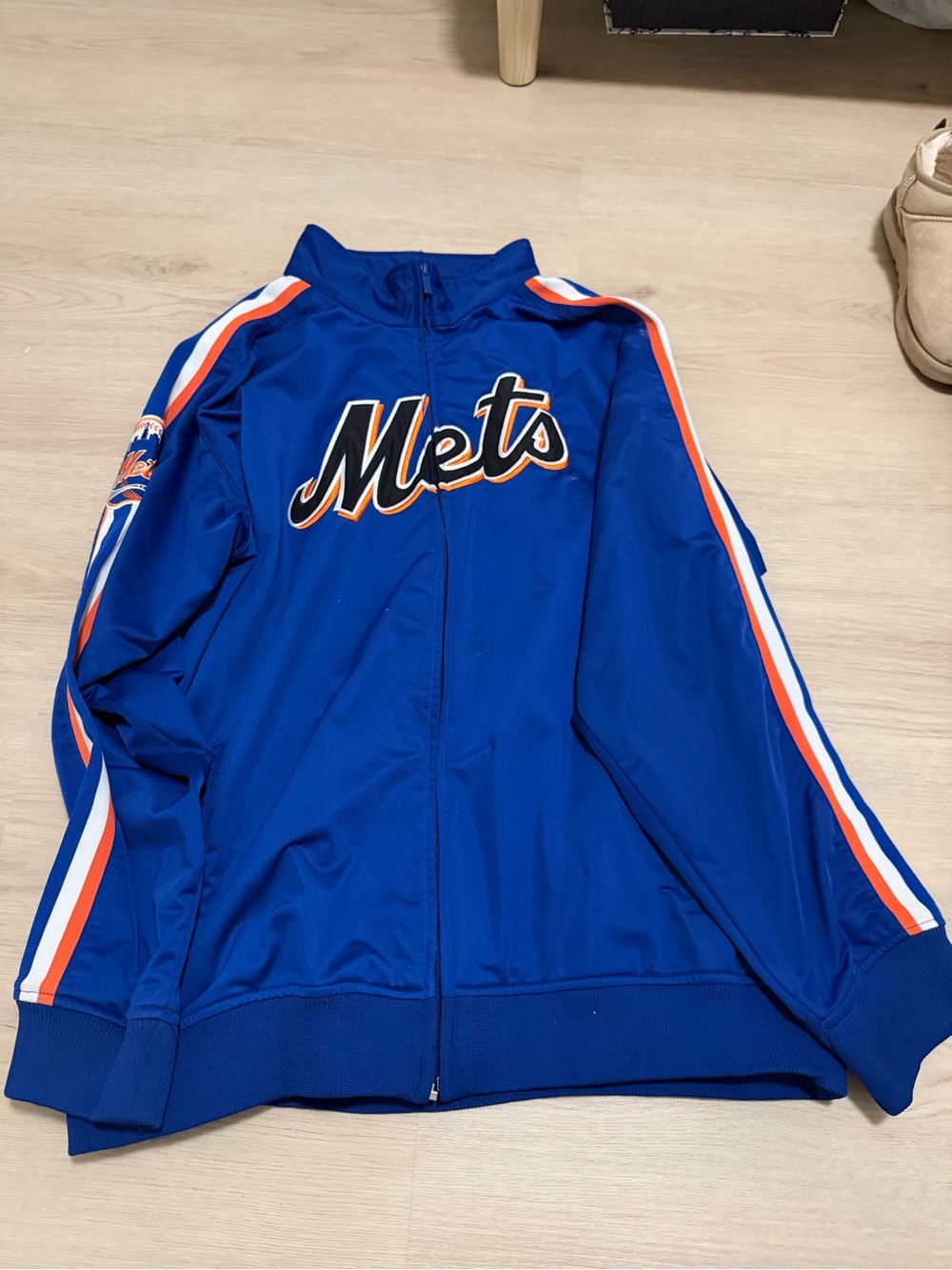 Stitches Blue Mets Script Track Jacket with Orange & White Stripes